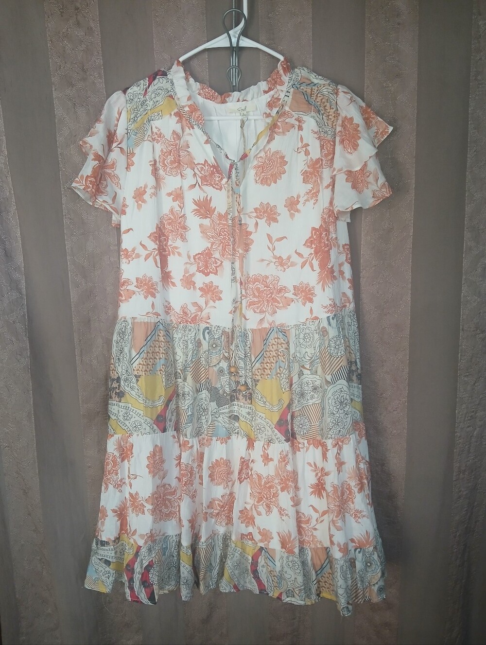 💎 Easel Women's Dress Mixed Peach Blossom Floral Tiered Boho #0512